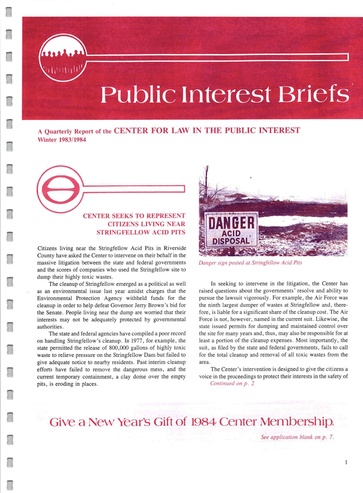 Cover of Center for Law In The Public Interest's Quarterly Report, Winter 1983/1984 Edition Public Interest Briefs