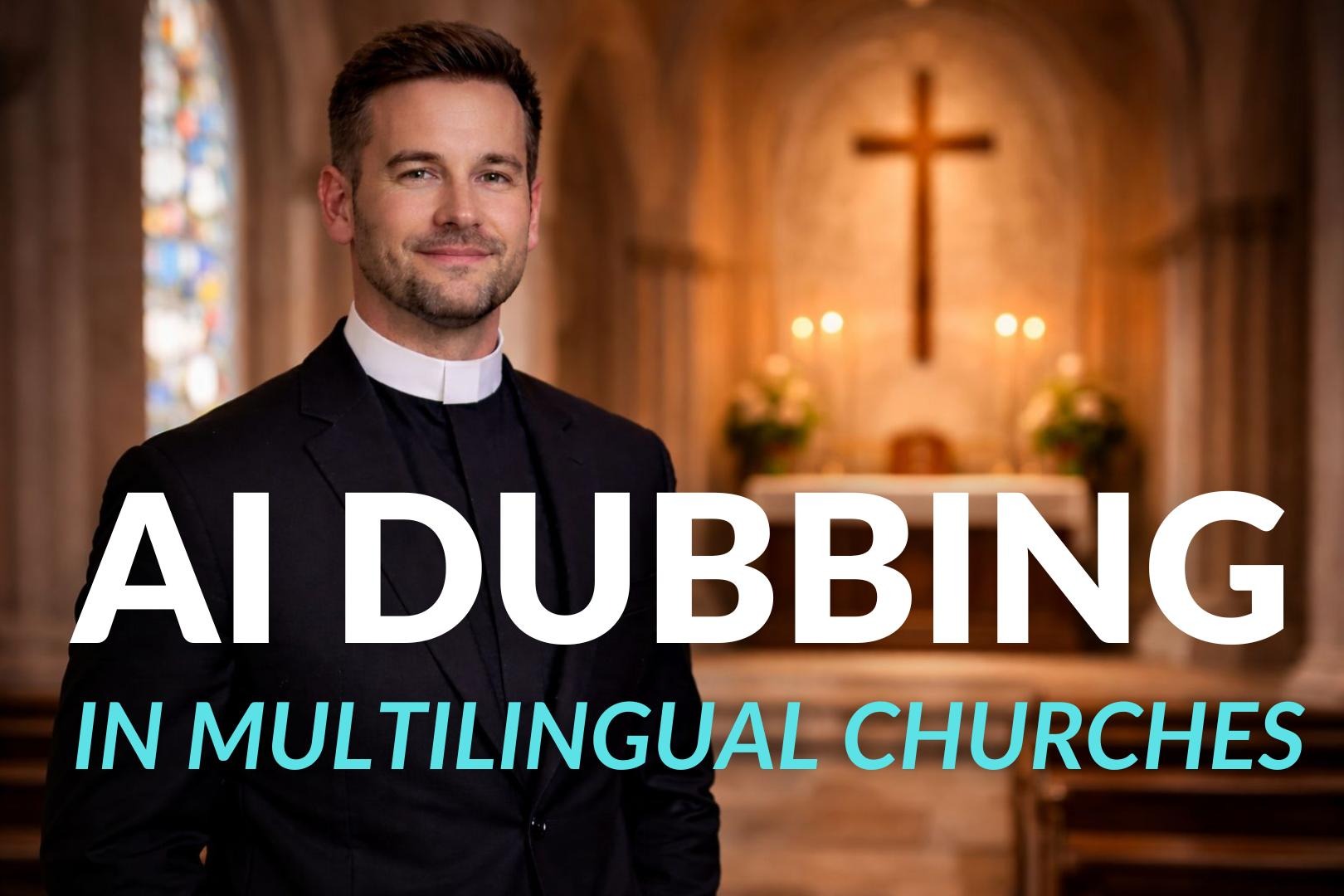 Clergyman in church interior representing Automatic Dubbing in multilingual churches for sermon video accessibility