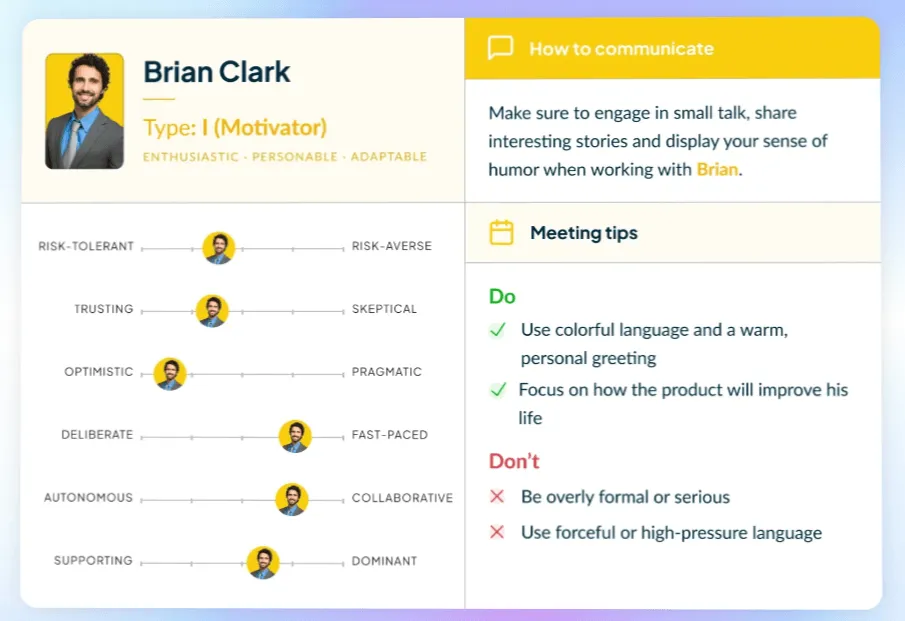 A decorative banner showing Crystal's capabilities: meeting tips for a specific persona.