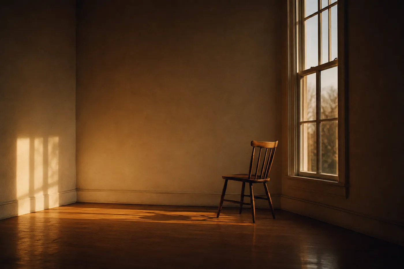 An empty, sunlit room with a single wooden chair beside a window