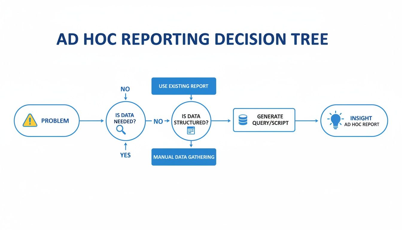 Flowchart detailing the ad hoc reporting decision tree, from problem identification to generating insights.