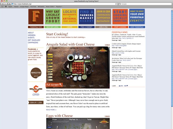 A screenshot of a Foodstalk NYC website shows a recipe for Arugula Salad with Goat Cheese. The recipe includes ingredients like arugula, goat cheese, apples, coconut, red onion, and lime. The Foodstalk NYC logo is visible at the top, along with navigation links for Locate, Find a Market, Join a CSA, Start Cooking, and Host Foodstalk. The website also includes a newsletter section and a sign-up form.