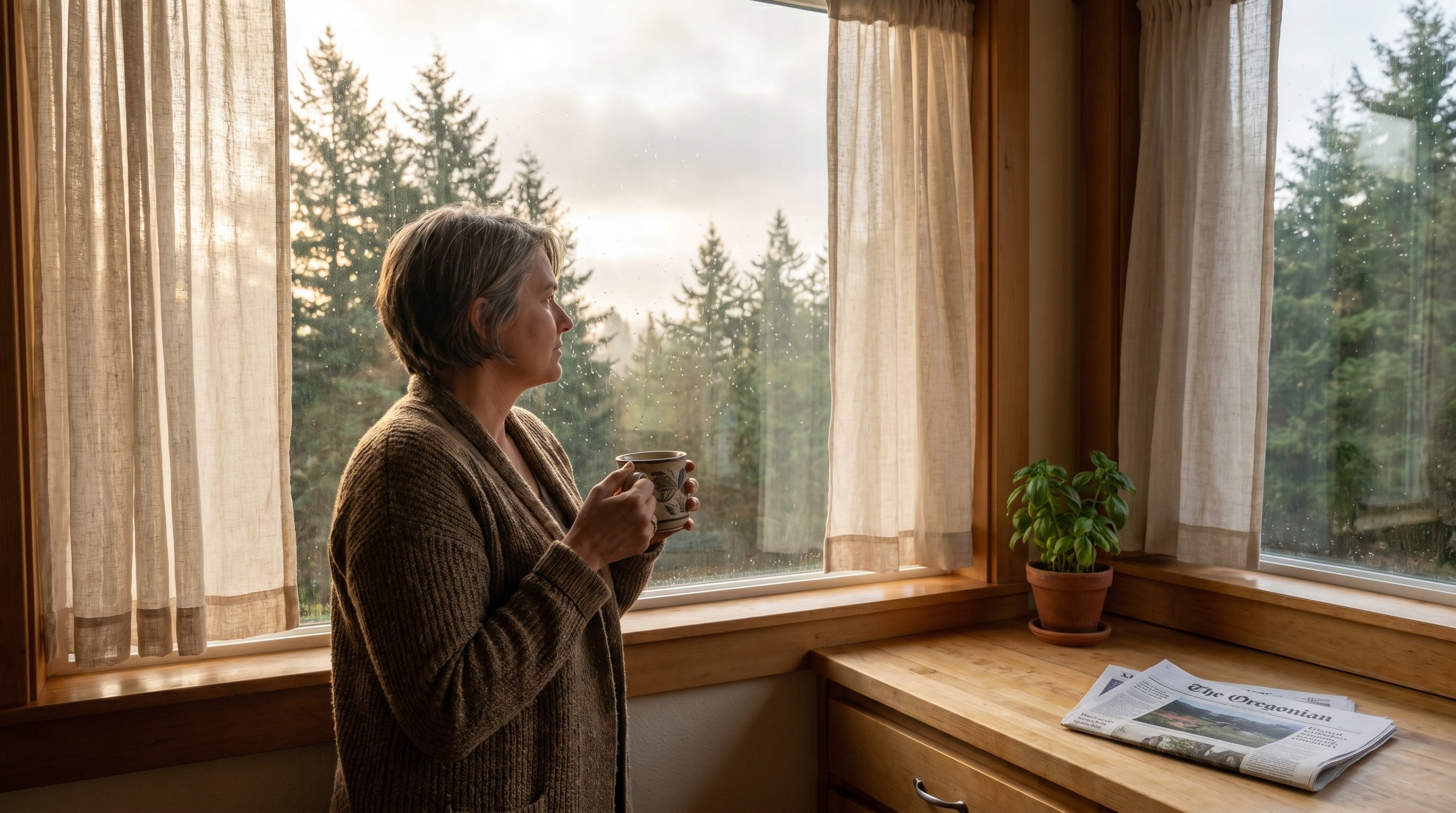 Older woman in cardigan holding tea mug at sunlit kitchen window, looking thoughtfully outside on a Pacific Northwest morning