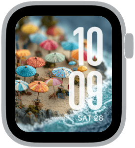 Miniature beach world Apple Watch face with tiny umbrellas, ocean waves, and detailed summer diorama aesthetic