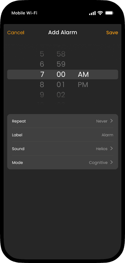 Settings page for the alarm, showing the ability to switch from Snooze to Cognitive alarm modes.