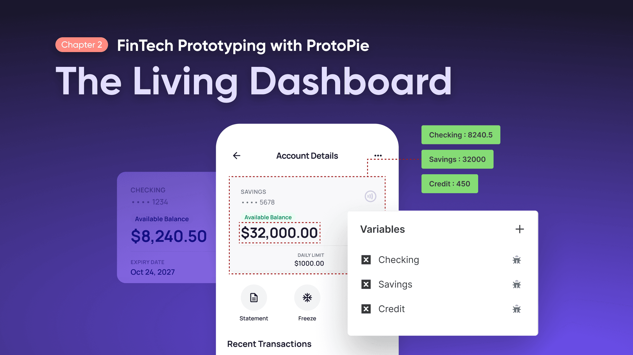 ProtoPie를 활용한 핀테크 프로토타이핑 시리즈의 2장 — "2장: 살아 움직이는 대시보드"라는 제목 — 으로, 총 자산 및 계좌 잔고가 표시된 파이 은행(Pie Bank) 홈 대시보드 화면과 함께 total_net_worth, checking_balance, savings_balance, visa_balance 등 설정된 4개의 변수가 표시된 ProtoPie 변수 패널을 보여줍니다.