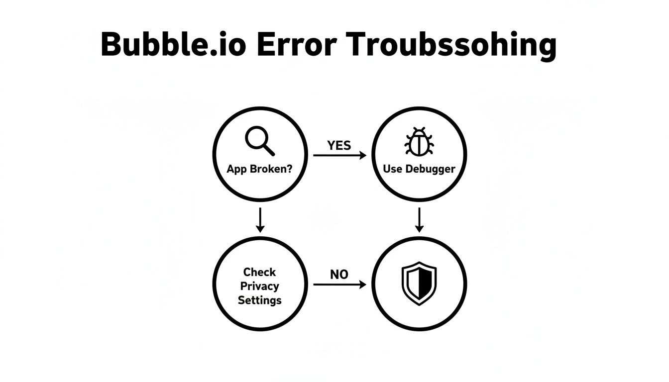 A Bubble.io error troubleshooting flowchart with steps: App Broken?, Use Debugger, Check Privacy Settings.
