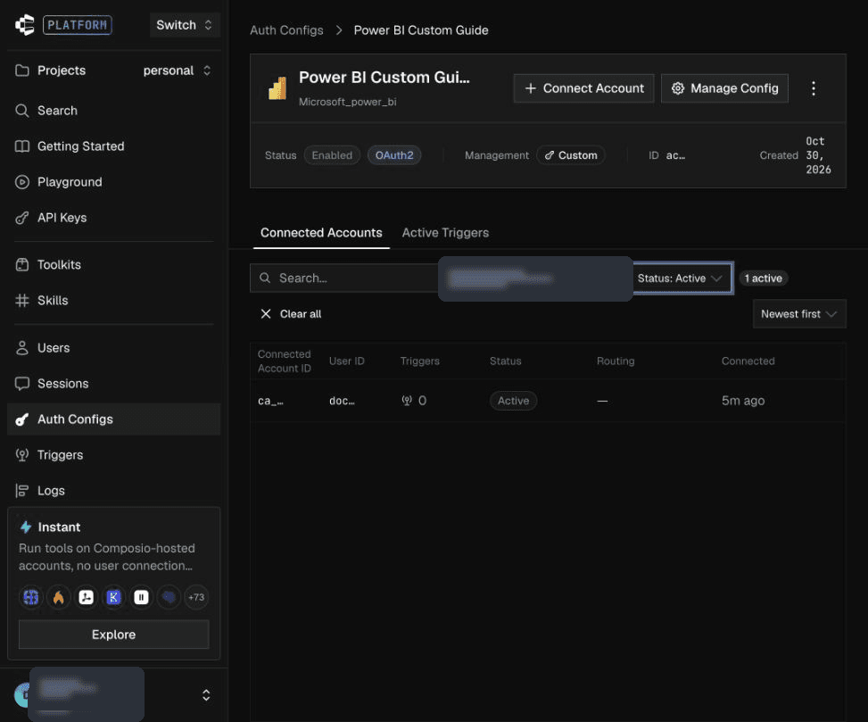 Connected account showing verified Active status