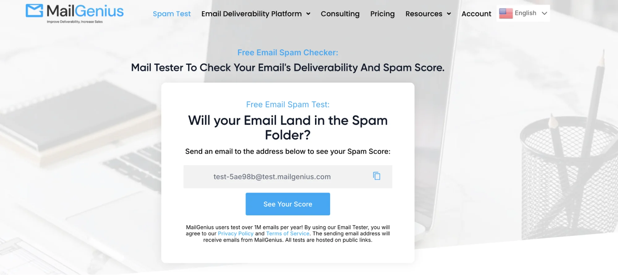MailGenius homepage: free email deliverability and spam testing tool