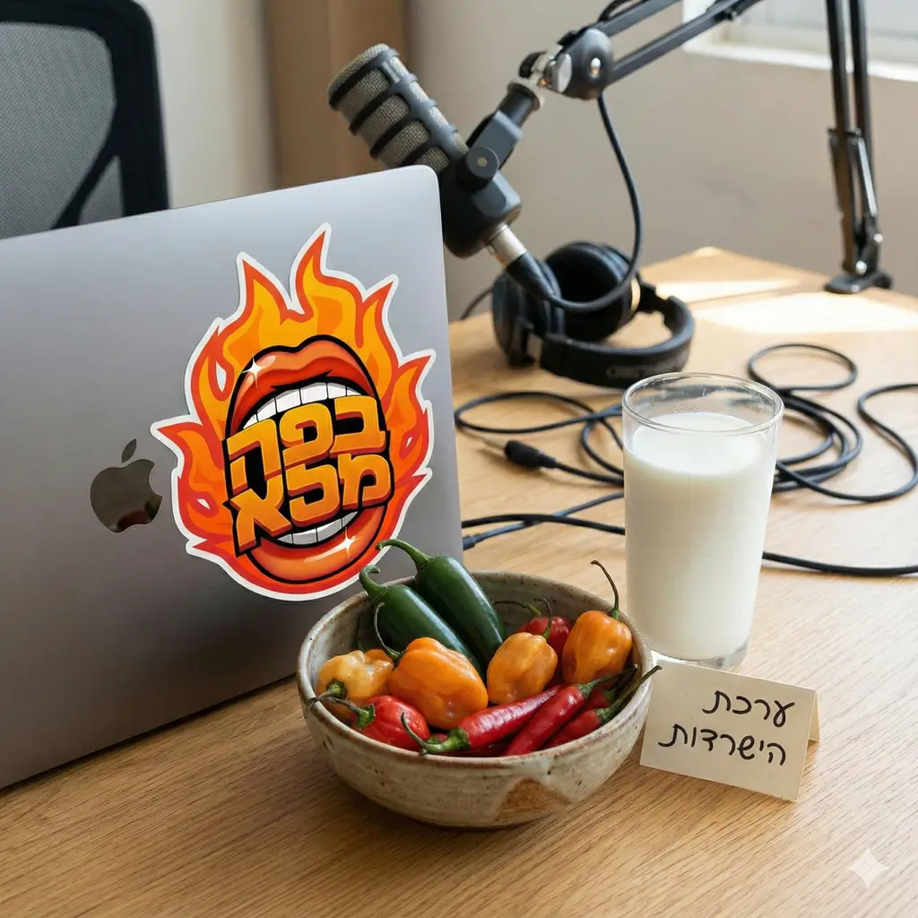 Spicy podcast logo sticker placed beside hot peppers, food props, and a glass of milk.