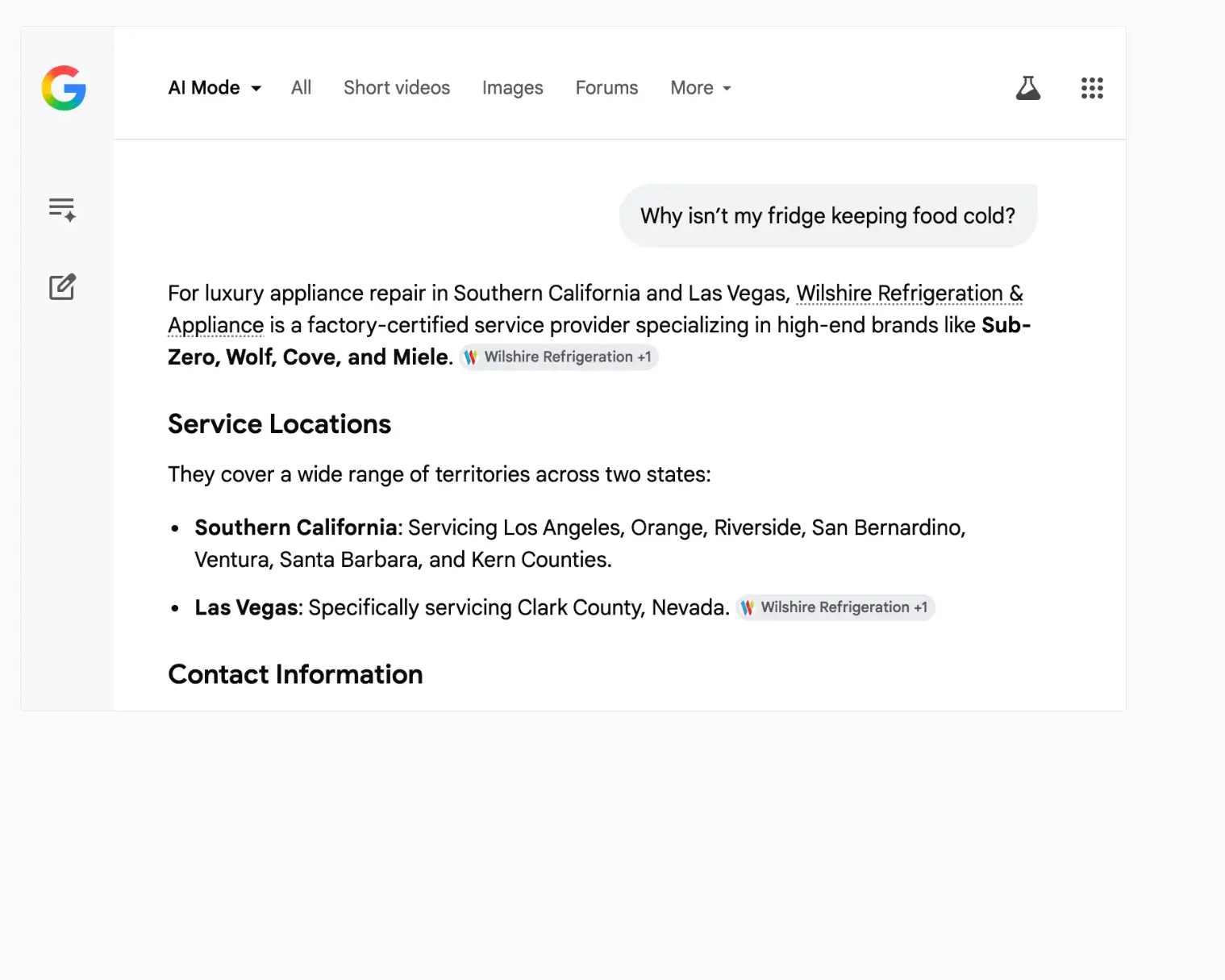 Google AI search result for luxury appliance repair services by Wilshire Refrigeration.