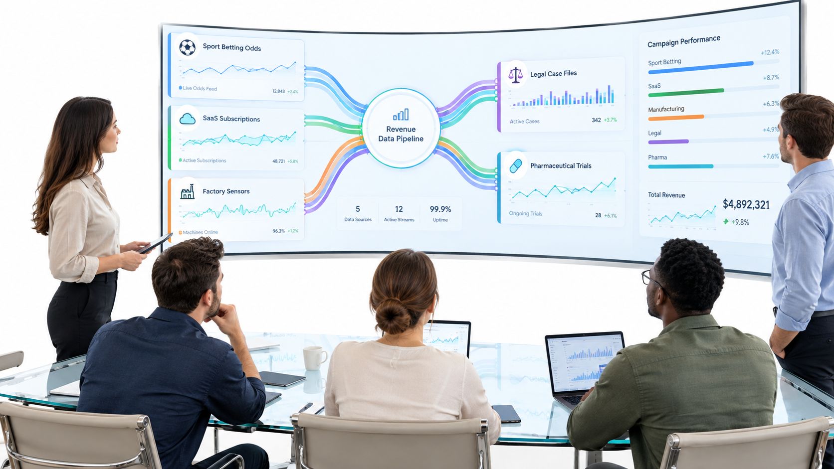 A professional team collaborating in a meeting room while reviewing complex data metrics on a large screen.