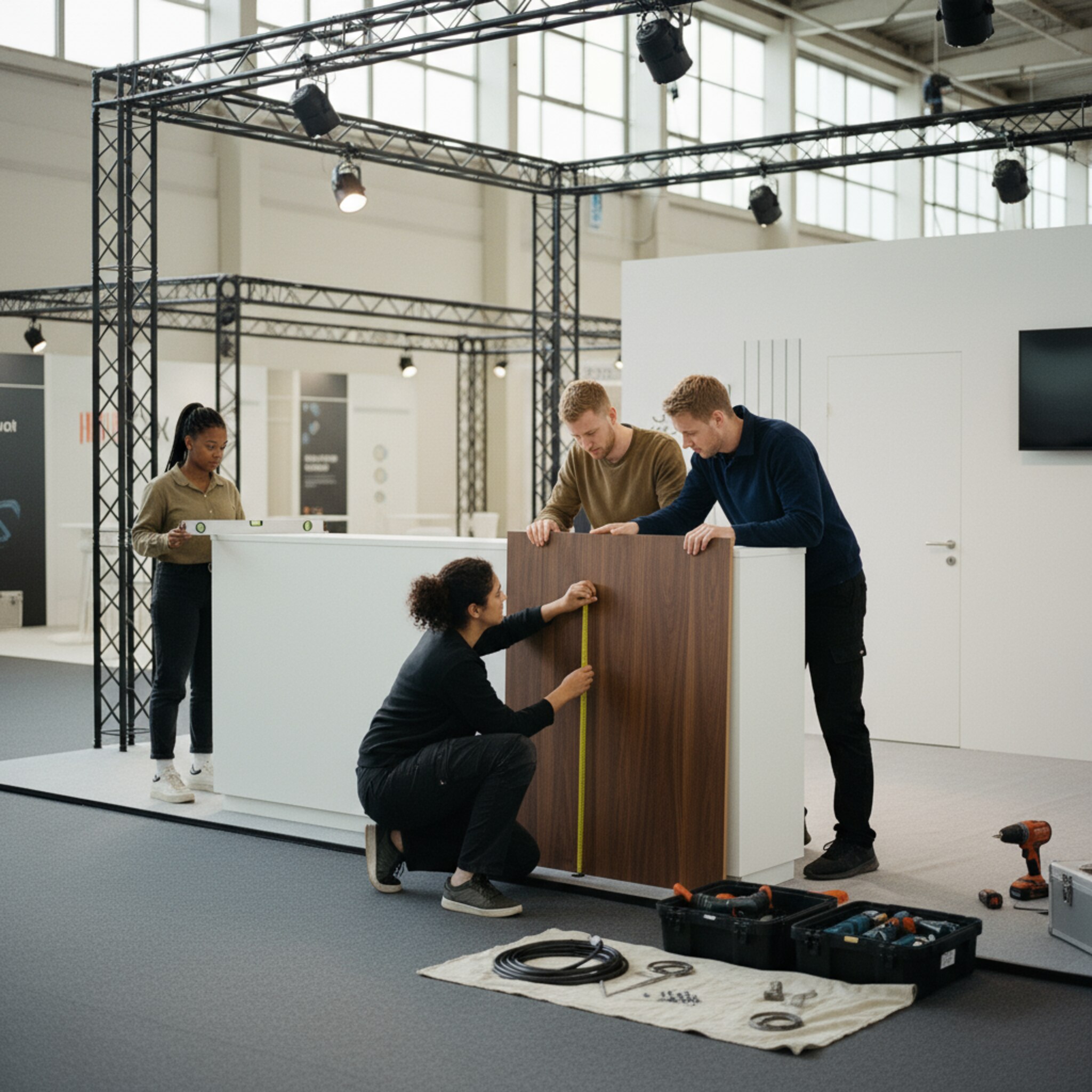 Auf der Messefläche richtet ein Team eine weiße Theke aus, während über ihnen bereits Scheinwerfer an einer Traverse hängen. Ein Handwerker zieht das Maßband, eine Kollegin positioniert Paneele millimetergenau. Das Holz wirkt frisch lackiert, der Teppich ist faltenfrei. Konzentration liegt in der Luft.