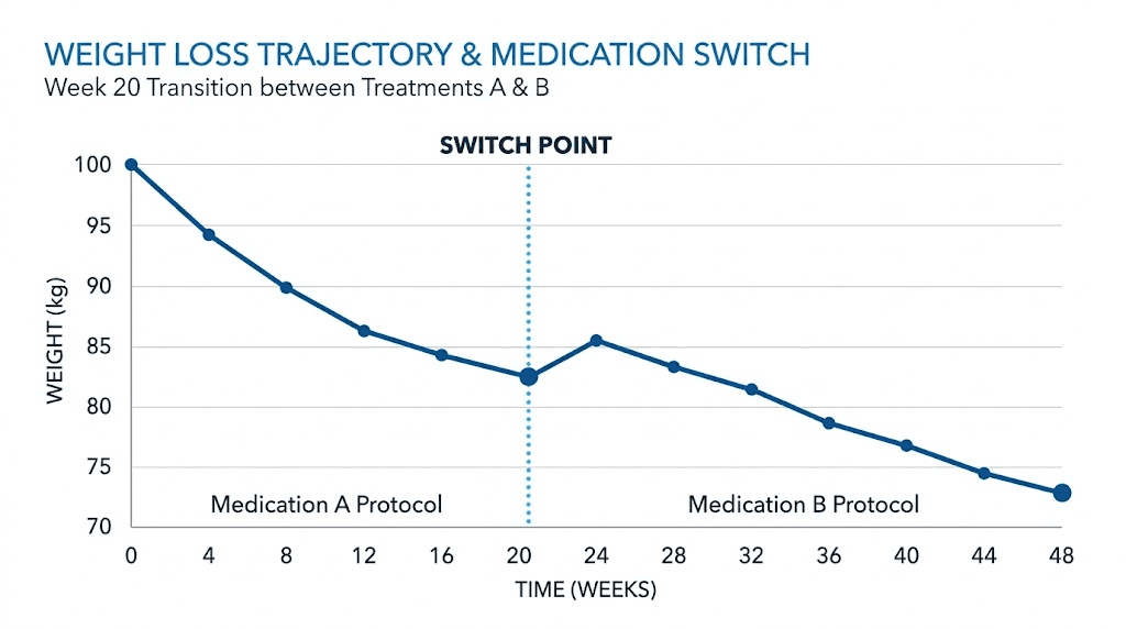 Weight loss timeline showing medication switching impact