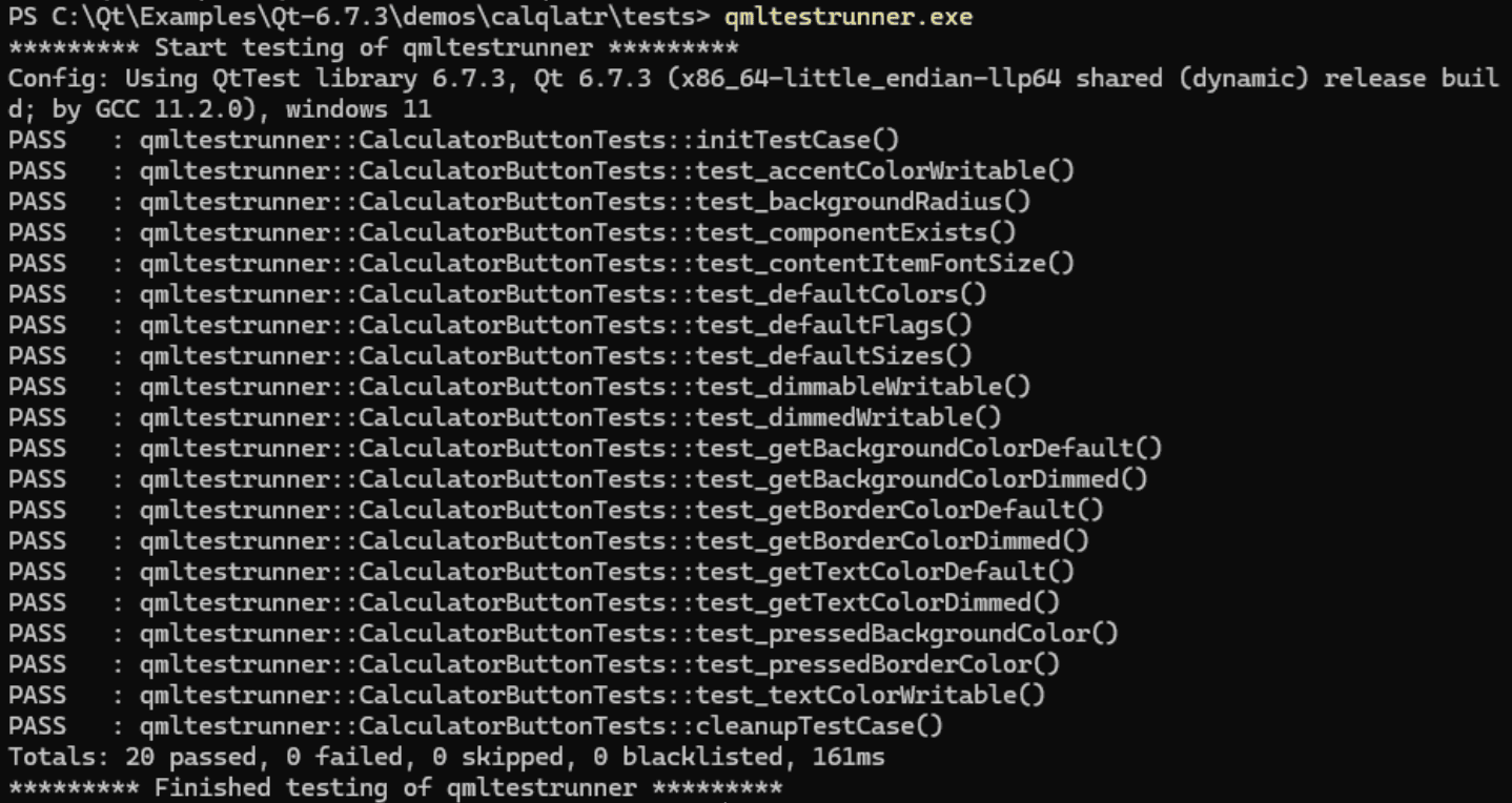 PowerShell output from qmltestrunner.exe showing all 20 CalculatorButtonTests passing, with a final total of 20 passed, 0 failed