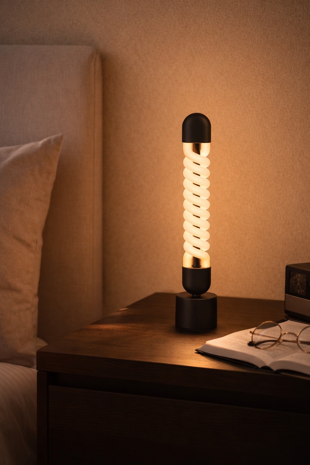 The Helix table light on a bedroom nightstand beside an open book and reading glasses.