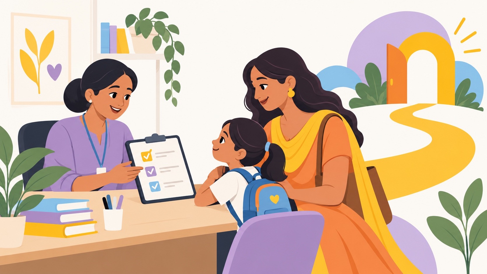 Illustration of a parent and child discussing school registration with an admissions team member