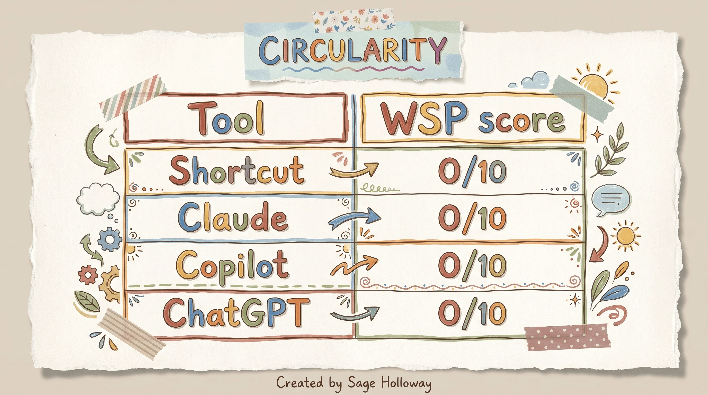 Table showing Shortcut, Claude, Copilot, and ChatGPT all scored 0 out of 10 on circularity