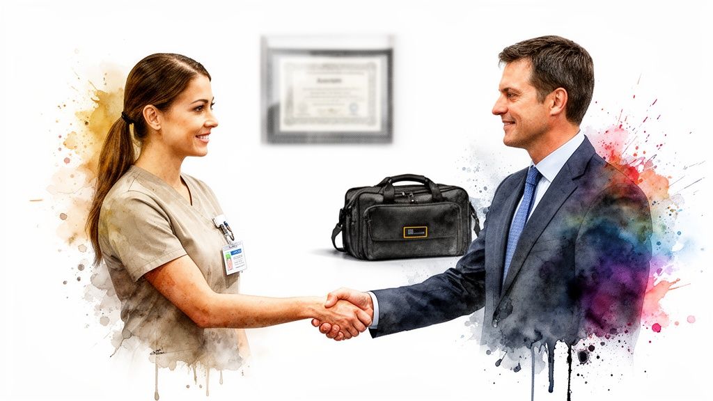 Hombre de negocios y mujer en uniforme médico dándose la mano en un acuerdo, con efecto de acuarela.