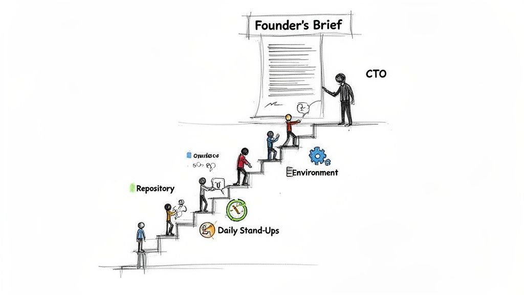 A team of developers climbing steps in a project, guided by a CTO with a Founder's Brief.