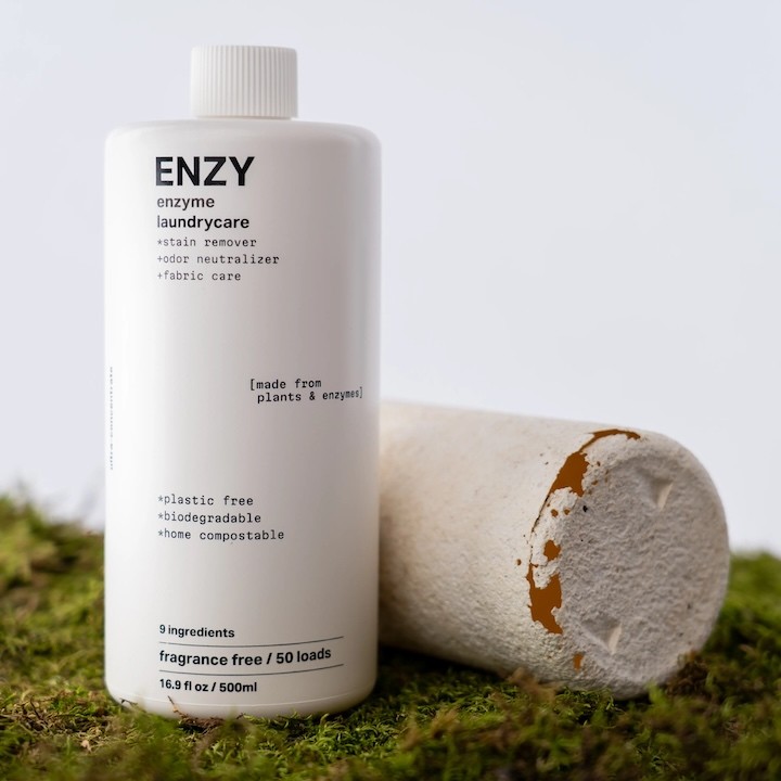 Enzy laundry care liquid in a durable VIVOMER bottle. This application highlights the impressive chemical compatibility of the packaging for heavy household surfactants and enzyme formulas.
