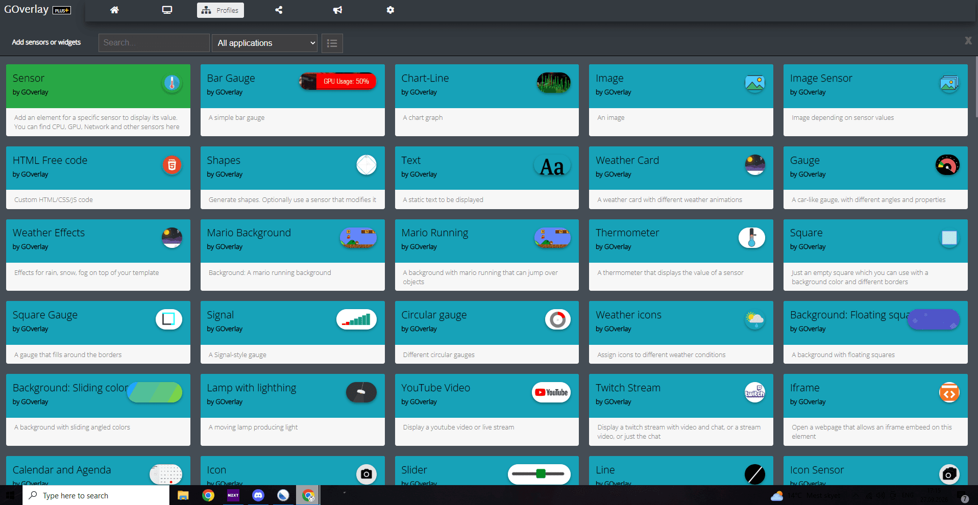 GOverlay Plus widget options including sensors, gauges, weather effects, images and video.