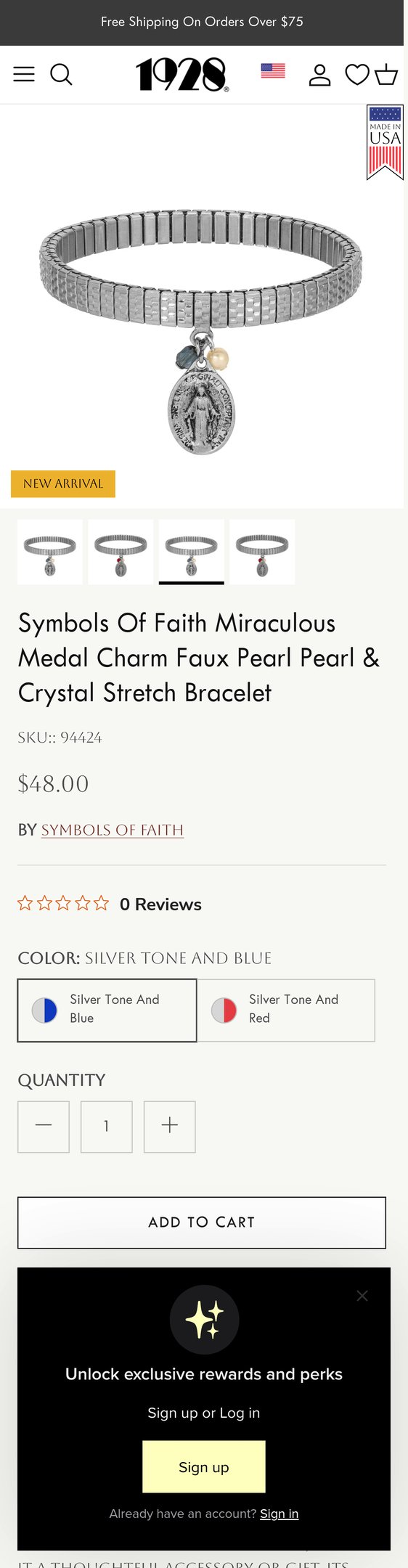 Jewelry product options include: ring, bracelet, pendant for Symbols Of Faith Miraculous Medal Charm Faux Pearl Pearl & Crystal Str from 1928 Jewelry.