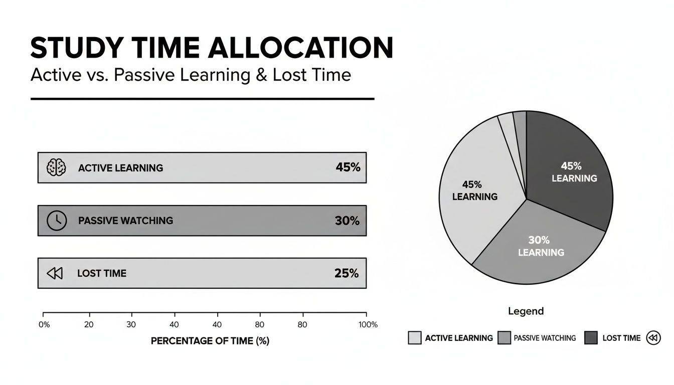 Study time allocation chart showing 45% active learning, 30% passive watching, and 25% lost time.