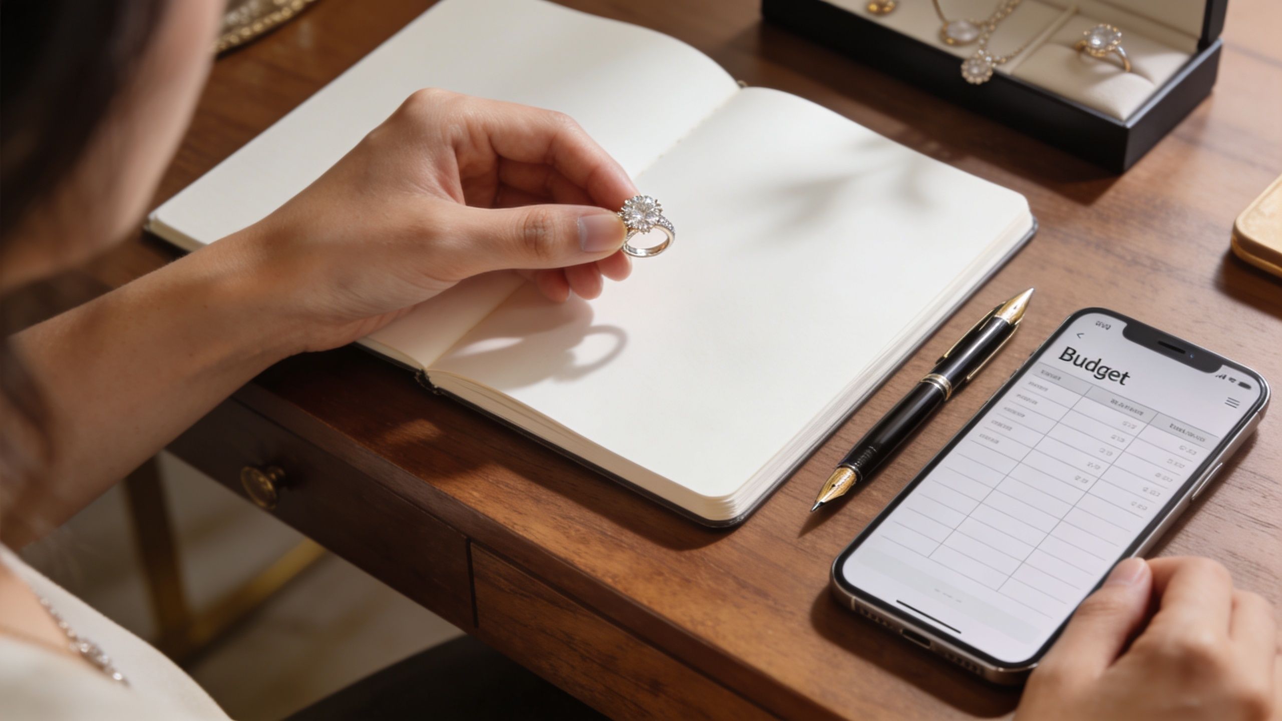 A woman looks at a diamond engagement ring while checking her budget on a mobile phone.