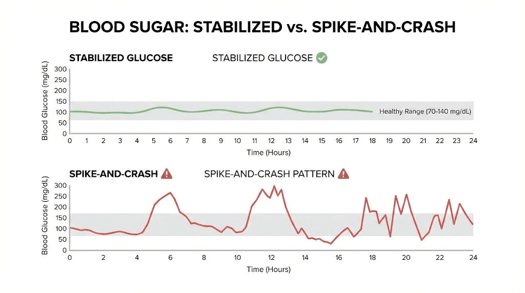 Blood sugar stabilization on tirzepatide compared to normal glucose crash cycle