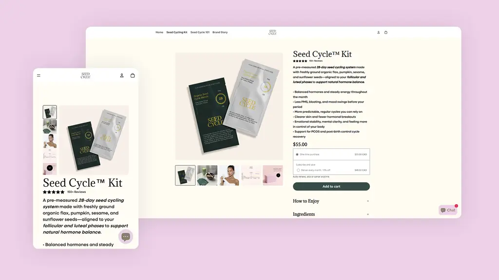 Page produit du Seed Cycle Kit affichée sur desktop et mobile — système de seed cycling sur 28 jours à 55$ CAD, noté 5 étoiles avec 150+ avis