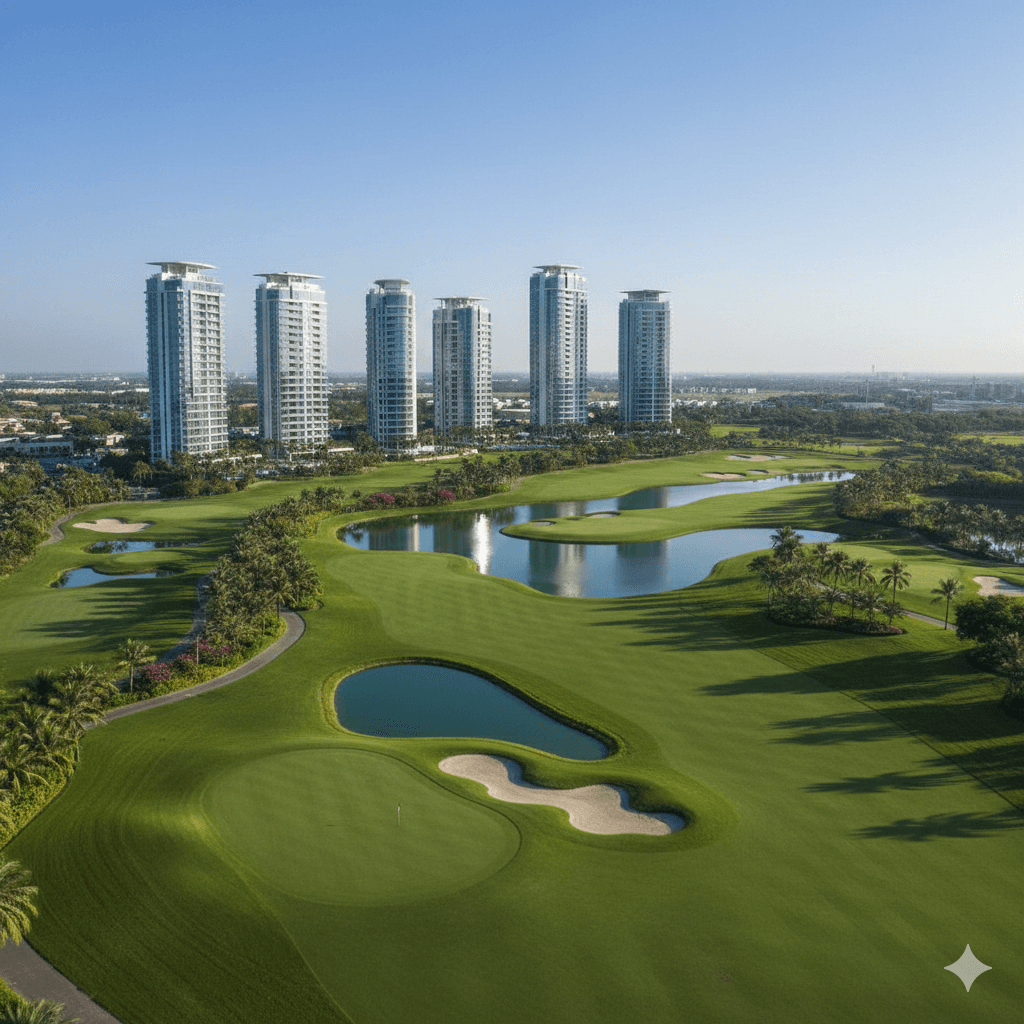 Luxury residential towers overlooking a vast green golf course in Sector 79 Gurgaon