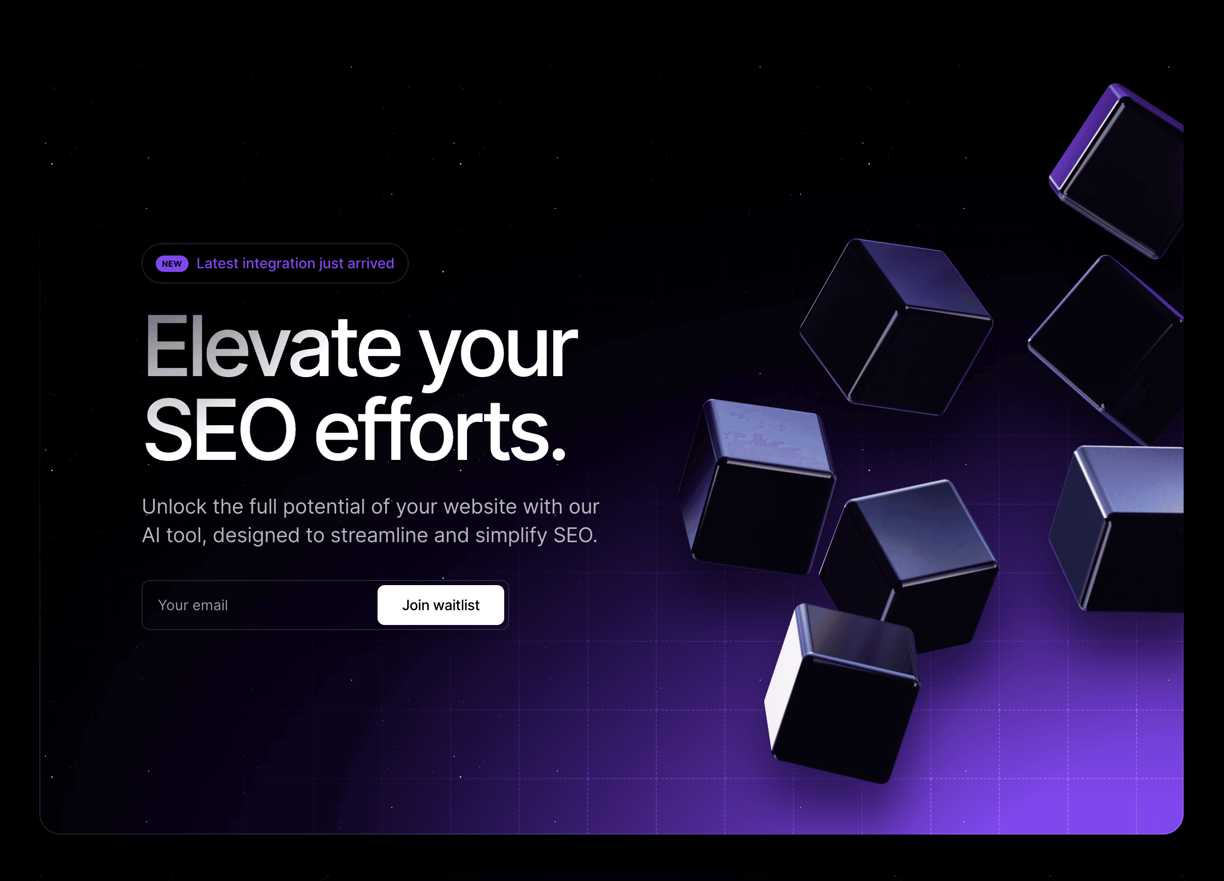 AI Startup Website UI showing a header with metallic 3D cubes