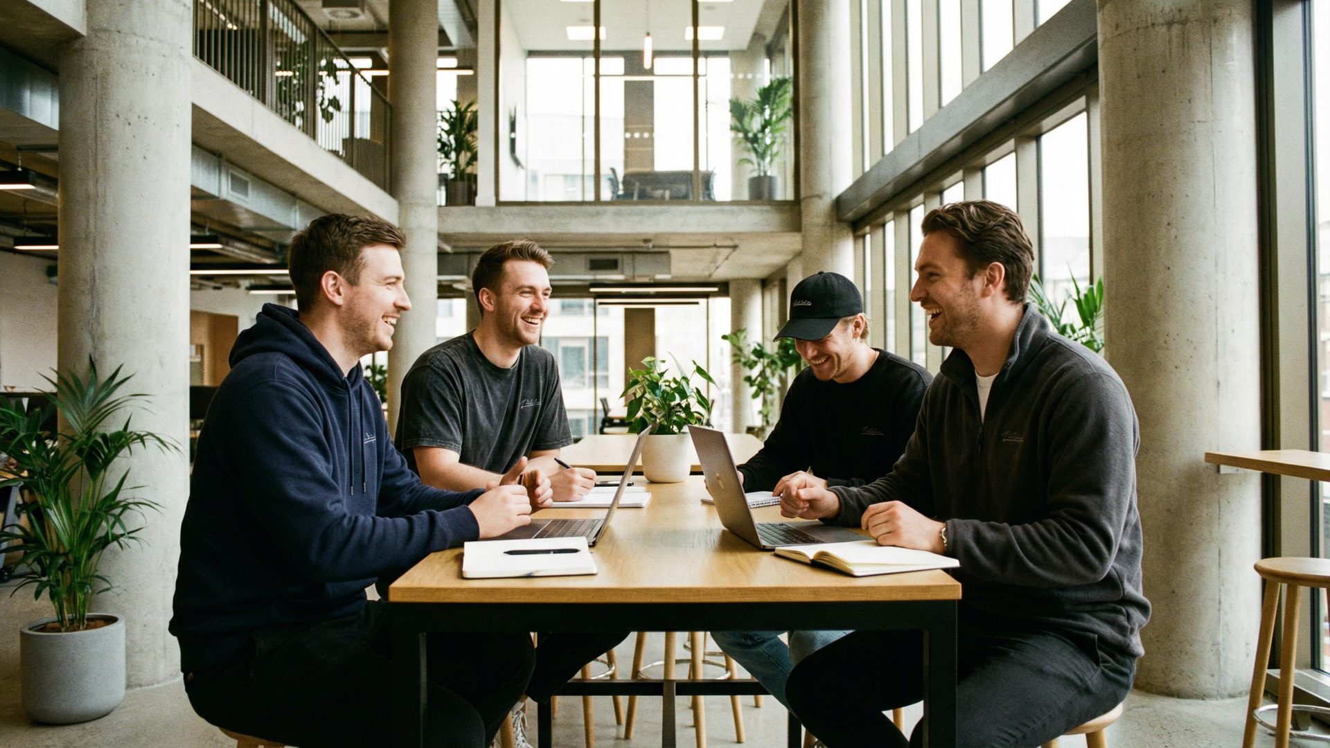 Four employees collaborating around a table in a bright, modern office atrium with exposed concrete ceilings, each wearing a different piece of cohesive, subtle, high-quality branded gear: a dark navy hoodie, a washed black t-shirt, a premium black dad hat, and a charcoal quarter-zip.