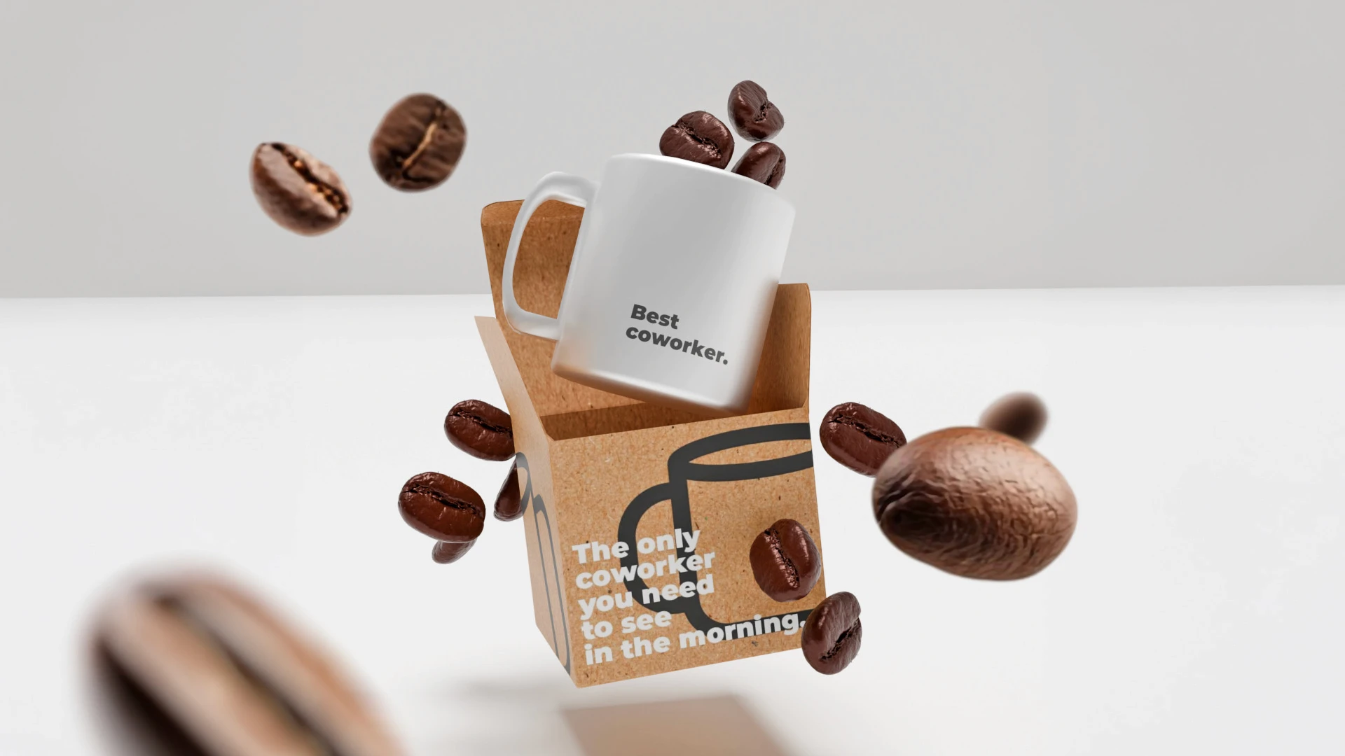 Shooting produit 3D mug "The only coworker you need" format bannière — lévitation avec grains de café, rendu photoréaliste indiscernable d'un shooting studio, Tartelette Concept Toulouse