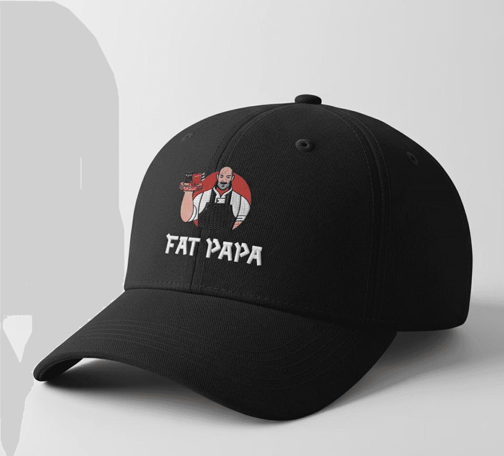 Black cap featuring the Fat Papa illustrated chef logo.