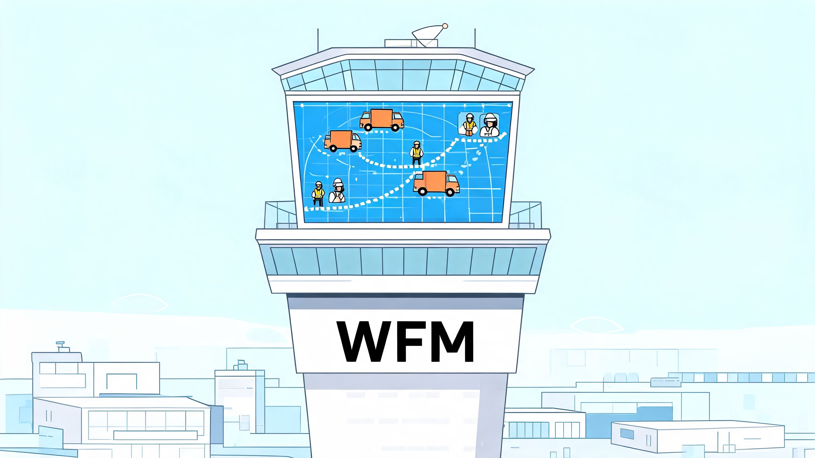 An illustration of an air traffic control tower with a screen displaying logistics tracking and workforce coordination.