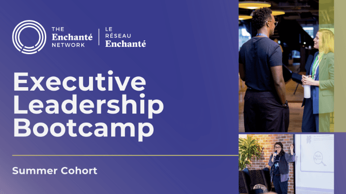 Image promoting an "Executive Leadership Bootcamp" with visuals of participants engaged in a learning environment.