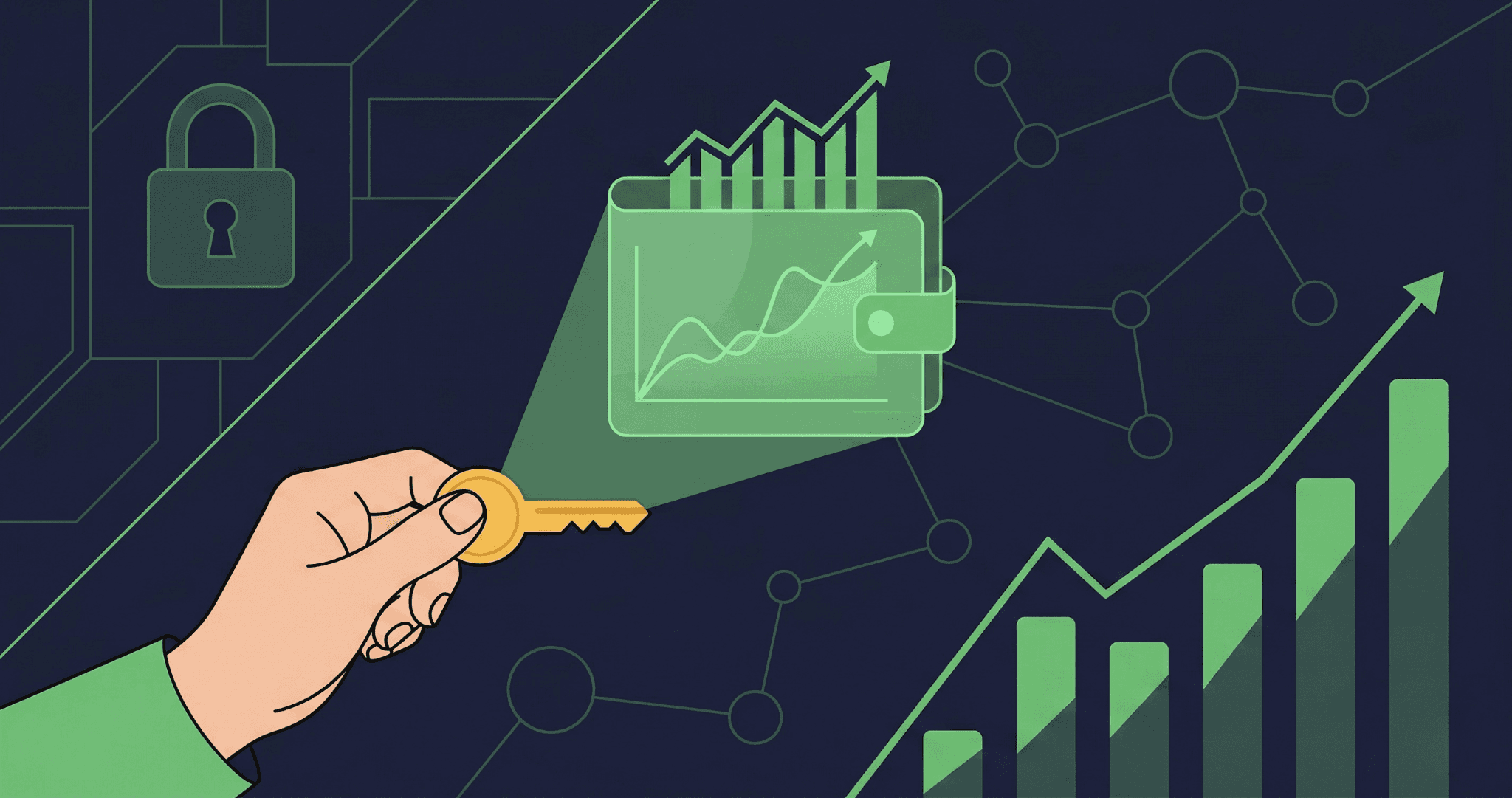 Illustration showing a crypto wallet with a key and yield growth chart