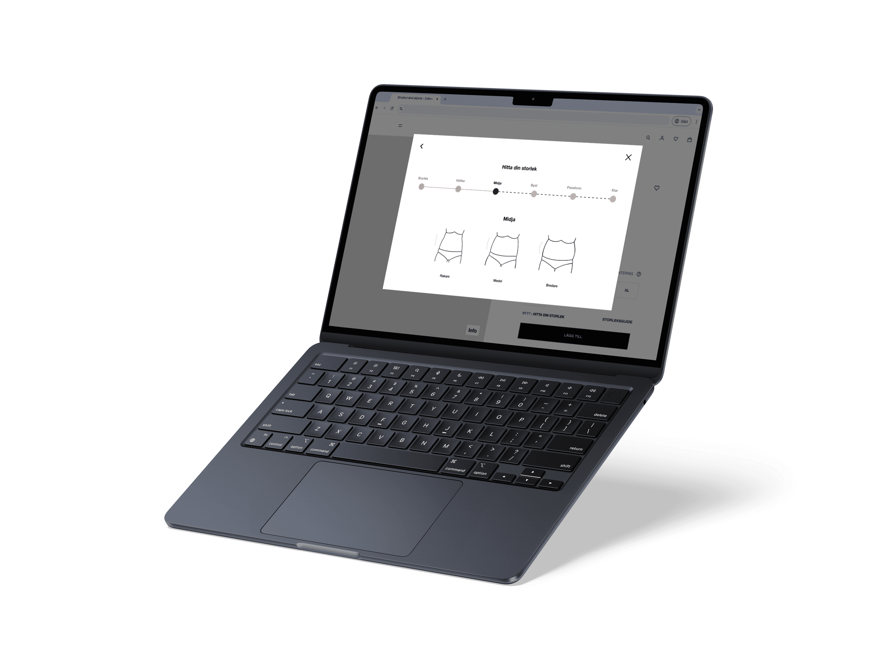 A computer showing the finish product, three waist size choices with a highlighted step indicator above.
