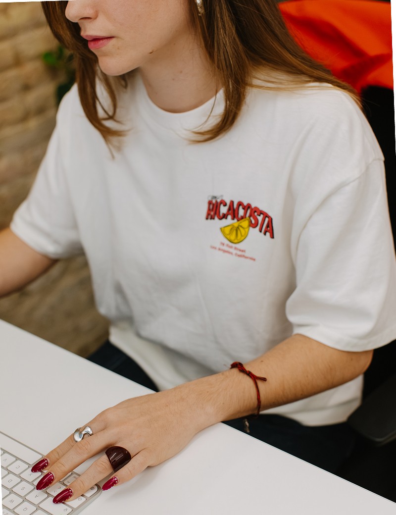 A woman working at her desk