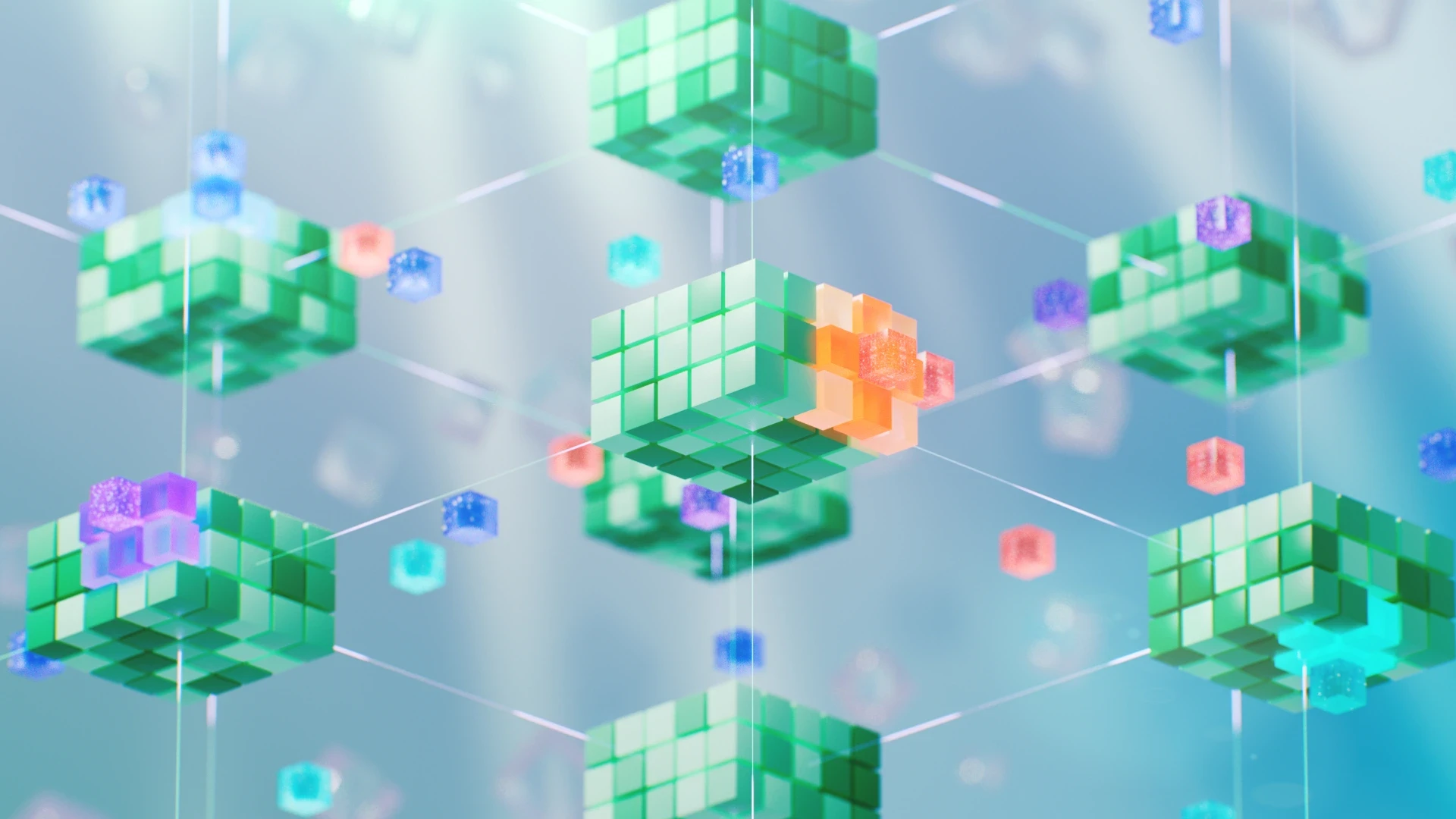 Visual metaphor for digital transformation in SaaS using motion design with abstract cubes and light particles—ideal for modern explainer videos.