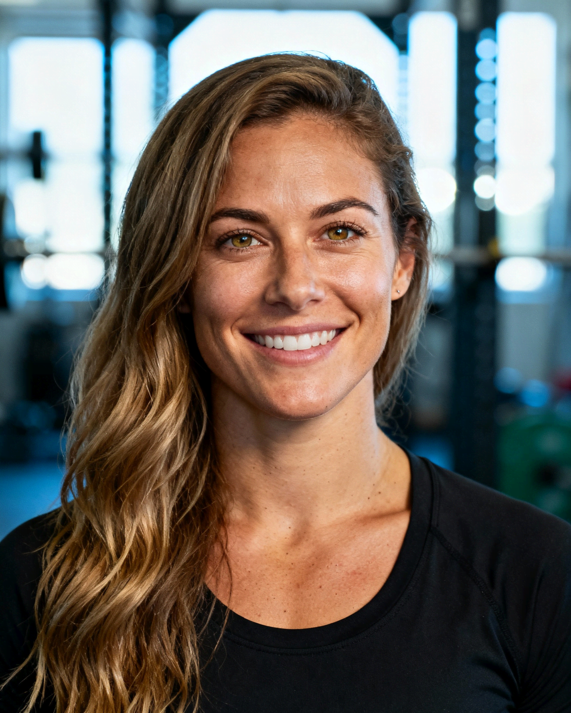 Smiling female athlete standing in a gym, wearing a black workout shirt with fitness equipment blurred in the background.