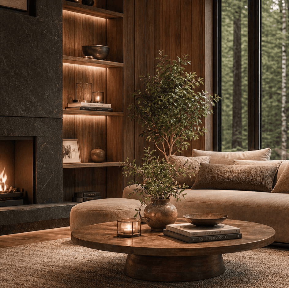 Sofa and wooden coffee table beside a fireplace and forest-facing windows
