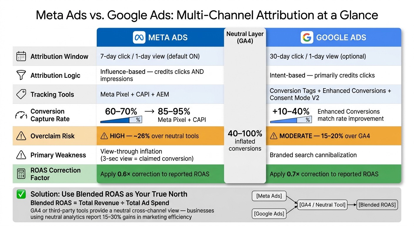 Meta Ads vs. Google Ads: Attribution Windows, Overclaim Rates & Correction Factors