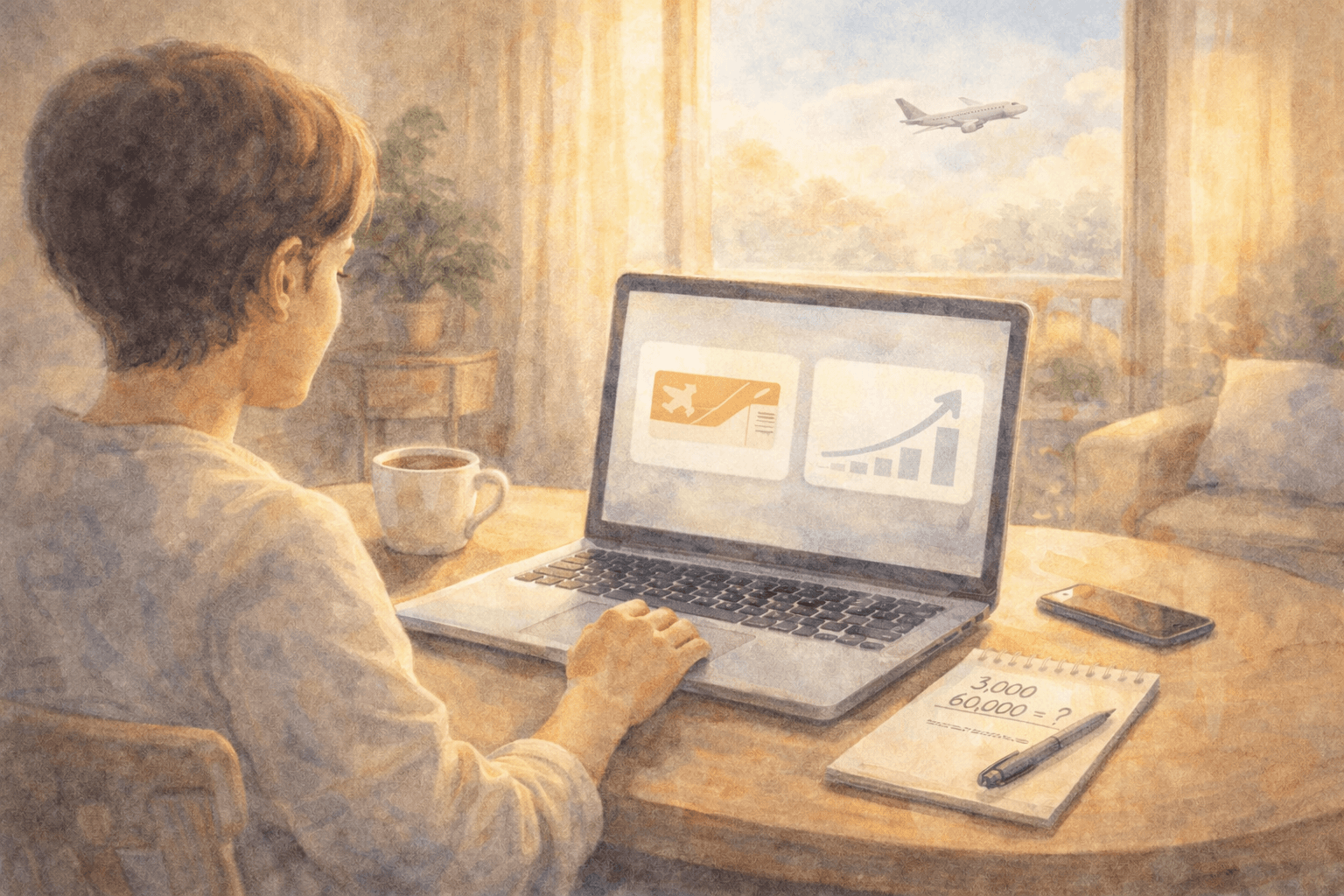Ilustração em aquarela de pessoa analisando opções de voo no laptop, comparando valor de milhas para viagem em sala iluminada pelo sol.