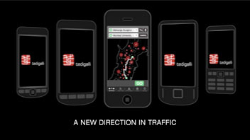 Five smartphones are displayed against a black background, each showing a red “zodigall” logo on its screen. The central phone displays a map with red dots and text reading “Mission: Zodigall”. Below the phones, the text “A NEW DIRECTION IN TRAFFIC” appears in white.