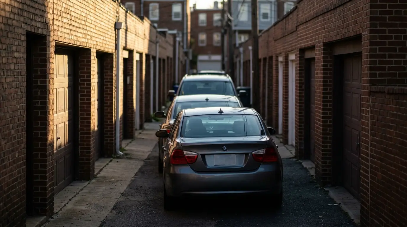 Four cars parked nose to tail down a narrow brick back alley behind row houses, the last car overhanging the alley entrance.