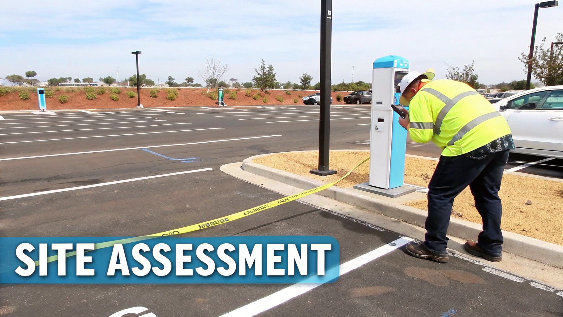 an electrician assessing the location for a commercial electric vehicle charging station