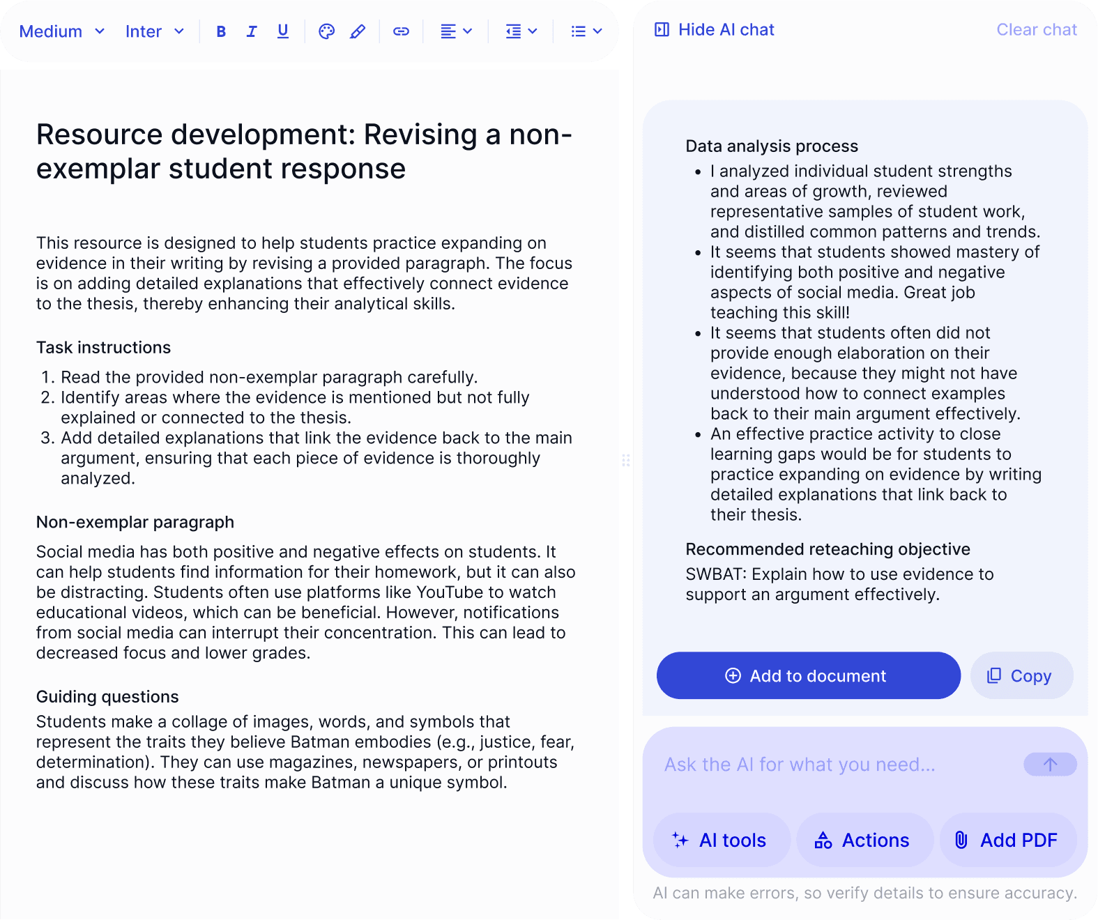AI-assisted lesson resource editor showing a student writing task and automated teaching insights in EnlightenAI.